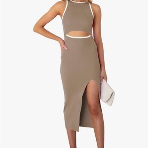Ribbed Tan Sleeveless cutout Dress with slit